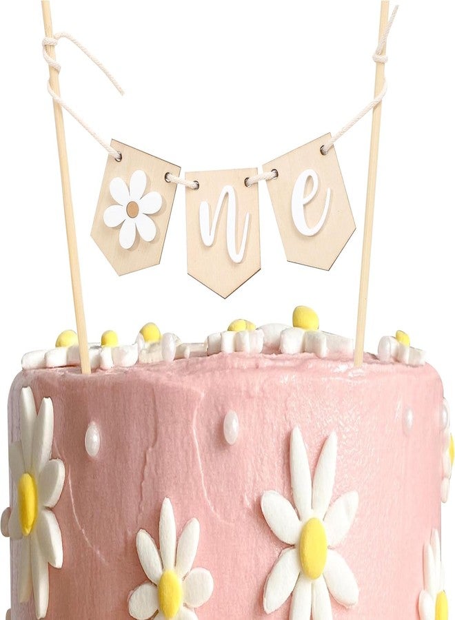 Curious Button Wooden Daisy “One” Banner Cake Topper | 1st Birthday Retro Boho Groovy Theme | Rustic Wooden Flower Cake Decoration for Baby Girl Boy First Birthday Party - Image 5
